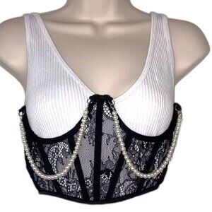 Black Lace Under Bust Corset Bustier with White Pearl Chains Womens XS